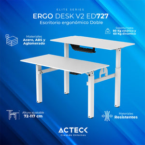 Escritorio Electrico Doble ACTECK ERGO DESK V2 ED727 Altura ajustable Blanco 60kg AC-937276