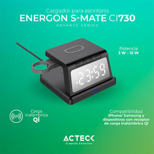 Cargador Inalámbrico Energon S-Mate CI730 3 en 1 con Reloj y Despertad