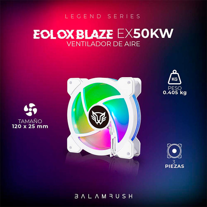 Kit 3 Ventiladores Gamer BALAM RUSH EOLOX BLAZE EX50KW 120mm ARGB Diseño Circular Borde LED Rainbow 1500RPM Blanco 3 Pin Controladora BR-937993