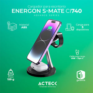 Cargador Inalambrico ACTECK ENERGON S-MATE CI740 iPhone IWatch AirPods USB- C Negro AC-937139