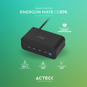 Cargador de Escritorio ACTECK ENERGON MATE CE676 3 Conectores + 2 USB + USB-C Negro AC-936514