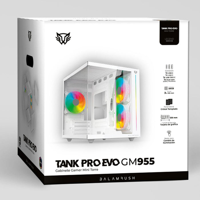 Gabinete Gamer BALAM RUSH TANK PRO EVO GM955 M-ATX Mini Torre 3 Fan RGB USB-C Blanco BR-937337