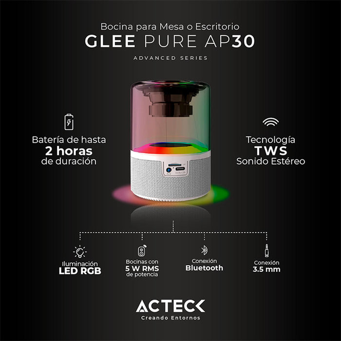 Bocina Portatil ACTECK GLEE PURE AP30 Inalambrica Luz LED Tws Blanco AC-936439