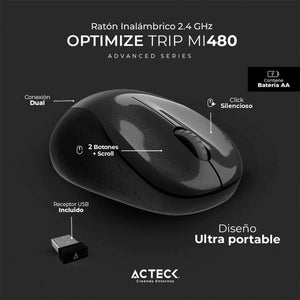Mouse ACTECK OPTIMIZE TRIP MI480 1600dpi 2 botones Inalambrico USB 2.4 Ghz Negro AC-934169