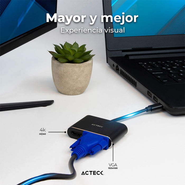 Adaptador Convertidor ACTECK SHIFT PLUS AV420 USB Tipo C a HDMI + VGA Negro AC-934657