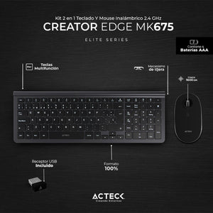 Kit Teclado y Mouse ACTECK CREATOR INSPIRE EDGE MK675 Inalambrico USB 2.4Ghz Ultra Delgado AC-934954