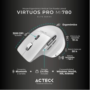 Mouse Ergonomico ACTECK VIRTUOS PRO MI780 3000dpi Inalambrico 8 botones Blanco AC-936194