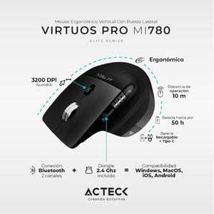 Mouse Ergonomico ACTECK VIRTUOS PRO MI780 3000dpi Inalambrico 8 botones Negro AC-936187