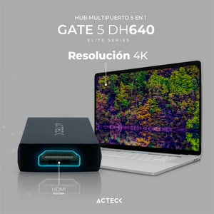 HUB ACTECK GATE 5 DH640 Multipuerto 5 en 1 USB-C HDMI 4K SD 2.0 Negro AC-934633