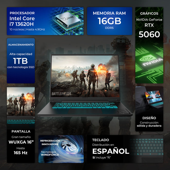 Laptop Gamer GIGABYTE Gaming A16 Nvidia GeForce RTX 5060 8GB Intel Core i7 13620H 16GB DDR5 1TB SSD Pantalla 16" IPS FHD+ 165Hz Teclado Español W11H-E Gaming AAA Streaming 3D Profesional