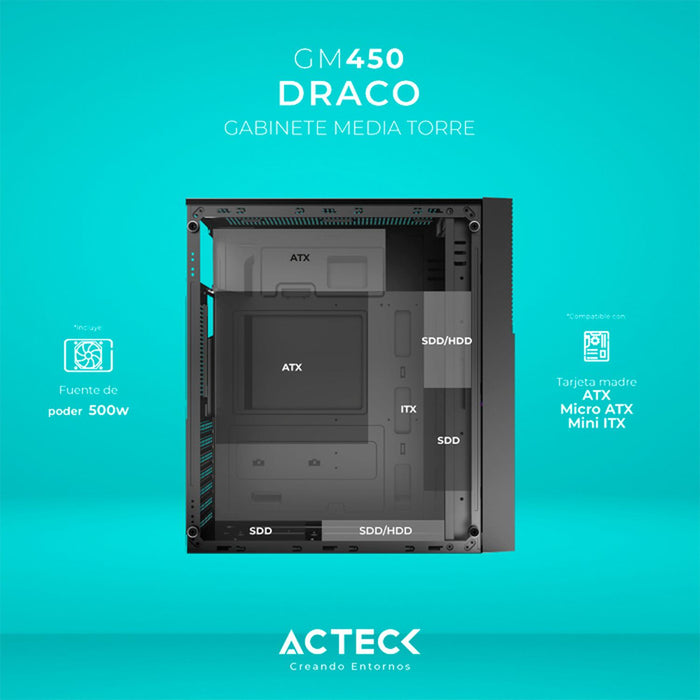 Gabinete ACTECK DRACO GM450 ATX Media Torre Fuente 500W Cristal Templado Negro AC-935715