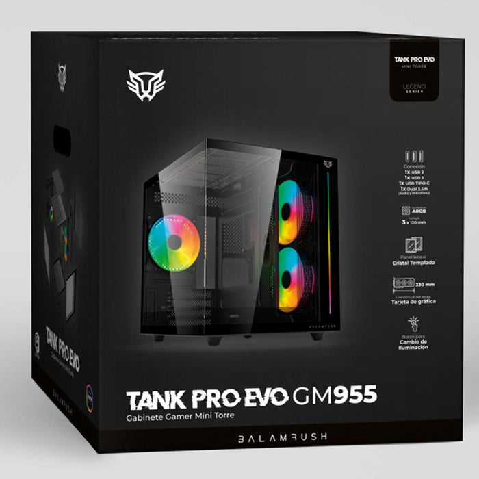 Gabinete Gamer BALAM RUSH TANK PRO EVO GM955 M-ATX Mini Torre 3 Fan RGB USB-C Negro BR-937320