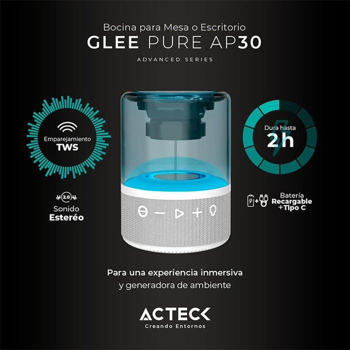 Bocina Portatil ACTECK GLEE PURE AP30 Inalambrica Luz LED Tws Blanco AC-936439