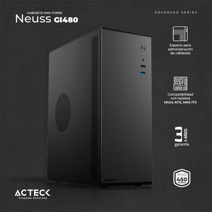 Gabinete ACTECK NEUSS GI480 Micro ATX Mini Torre Fuente 450W Metal Negro AC-935142