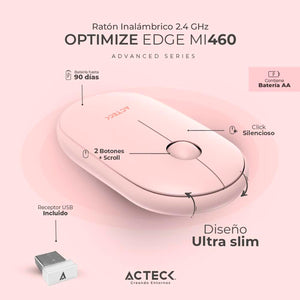 Mouse ACTECK OPTIMIZE EDGE MI460 1500dpi 2 Botones Inalambrico USB 2.4 Ghz Rosa AC-934107