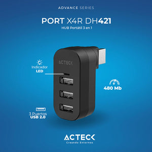 HUB ACTECK PORT X4R DH421 3 en 1 USB Negro AC-937078