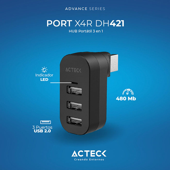 HUB ACTECK PORT X4R DH421 3 en 1 USB Negro AC-937078