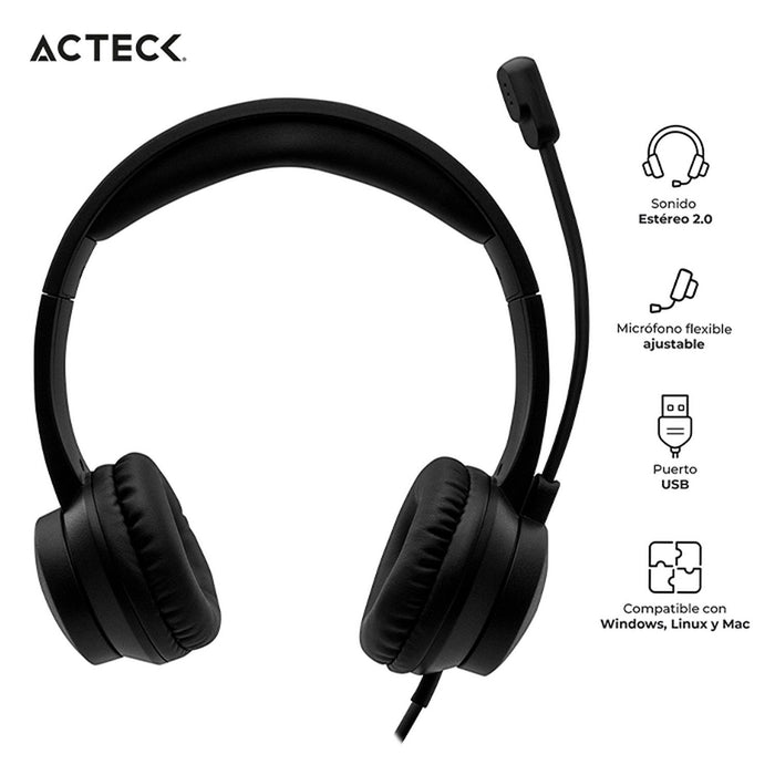 Audifono Diadema para Call Center ACTECK DISCOVER HU430 Alambrico microno flexible Negro AC-932233