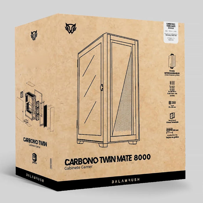 Gabinete Gamer BALAM RUSH CARBONO TWIN MATE 8000 M-ATX Mini Torre 4 Fan ARGB Cristal Templado Frente Intercambiable USB-C Blanco BR-938785