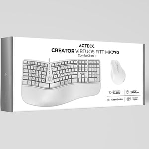 Combo Creator Virtuos Fitt MK770 2 en 1 / Teclado Ergonómico + Mouse  Vertical/ Inalámbrico 2.4 GHz+ Recarga USB C / Blanco