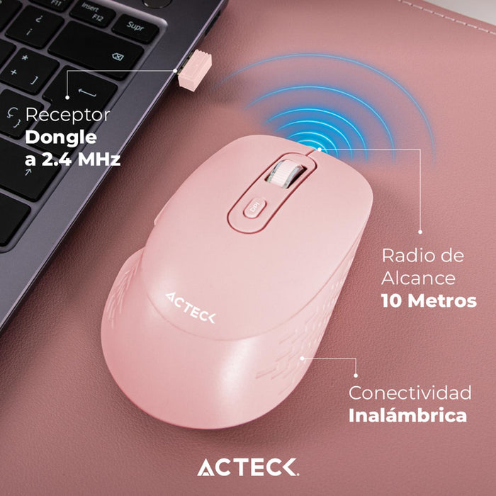 Mouse ACTECK OPTIMIZE FLOW MI480 Ergonomico 1600dpi 6 Botones Inalambrico USB 2.4 Ghz Rosa AC-939850