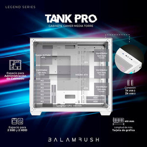 Gabinete Gamer BALAM RUSH TANK PRO GM930 ATX Media Torre 4 Fan RGB USB 3.0 Blanco BR-935951