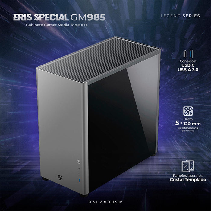 Gabinete Gamer BALAM RUSH ERIS SPECIAL GM985 ATX Media Torre Cristal templado USB-C Gris BR-935654
