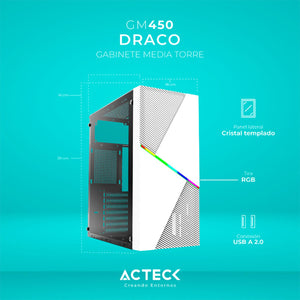 Gabinete ACTECK DRACO GM450 ATX Media Torre Fuente 500W Cristal Templado Blanco AC-935722