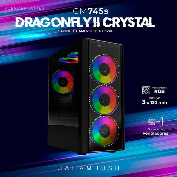 Gabinete Gamer BALAM RUSH DRAGONFLY II CRYSTAL GM745s ATX Media Torre 3 Fan Cristal Templado Negro BR-936057