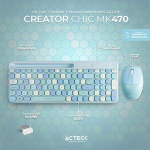 Kit Teclado y Mouse ACTECK CREATOR CHIC COLORS MK470 Inalambrico USB 2.4Ghz Delgado Azul AC-935197