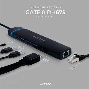 HUB ACTECK GATE 8 DH675 Multipuerto 8 en 1 USB-C Ethernet HDMI 4K SD 2.0 Negro AC-934626