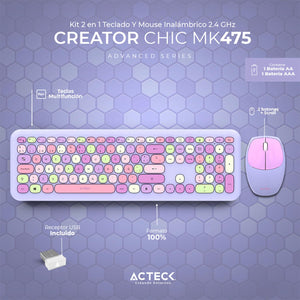 Kit Teclado y Mouse ACTECK CREATOR CHIC COLORS MK475 Inalambrico USB 2.4Ghz Delgado Morado AC-935173