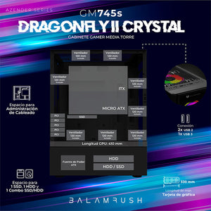 Gabinete Gamer BALAM RUSH DRAGONFLY II CRYSTAL GM745s ATX Media Torre 3 Fan Cristal Templado Negro BR-936057