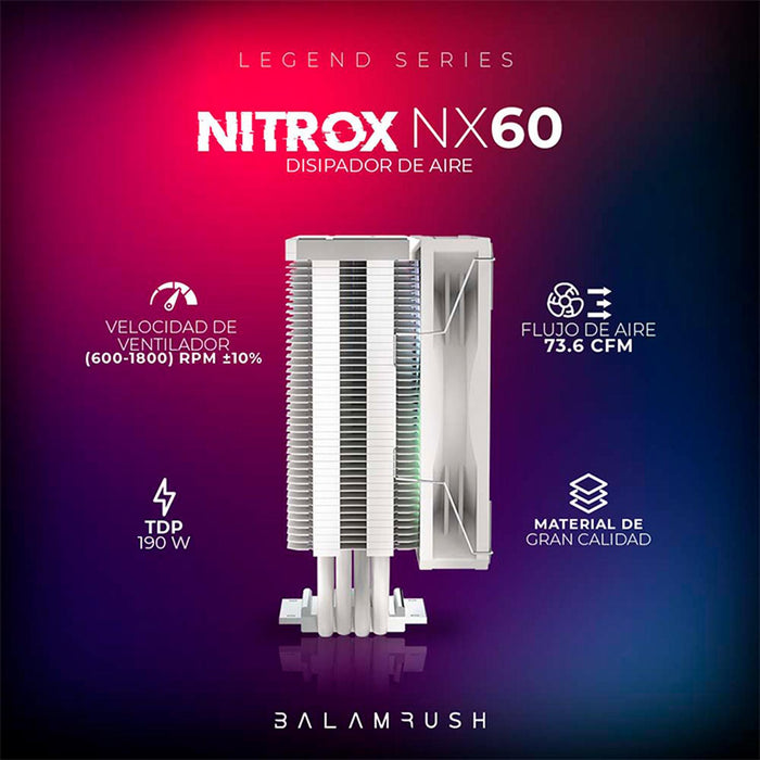 Disipador CPU Gamer BALAM RUSH NITROX NX60 120mm ARGB LGA 1700 AM5 600-1800 rpm 4-pin Blanco BR-937924