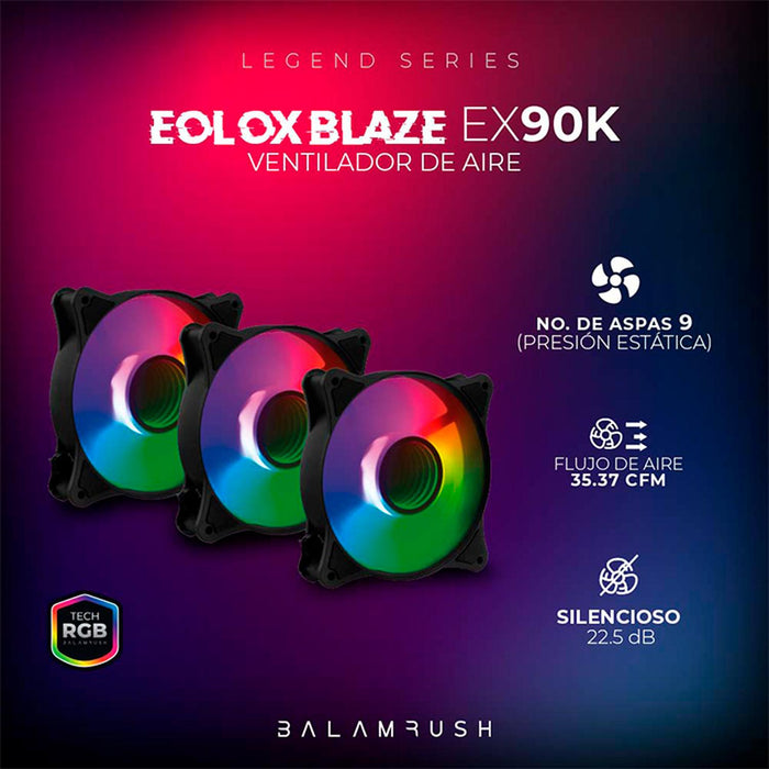 Kit 3 Ventiladores Gamer BALAM RUSH EOLOX BLAZE EX90K 120mm ARGB Diseño Circular Rainbow 1200RPM Negro 3 Pin Controladora BR-937948