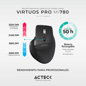 Mouse Ergonomico ACTECK VIRTUOS PRO MI780 3000dpi Inalambrico 8 botones Negro AC-936187