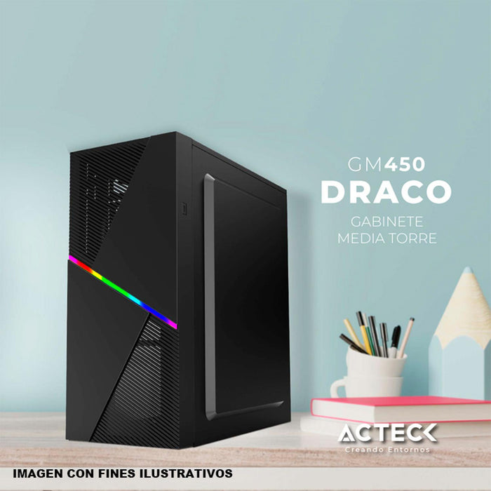 Gabinete ACTECK DRACO GM450 ATX Media Torre Fuente 500W Cristal Templado Negro AC-935715