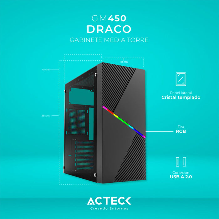 Gabinete ACTECK DRACO GM450 ATX Media Torre Fuente 500W Cristal Templado Negro AC-935715