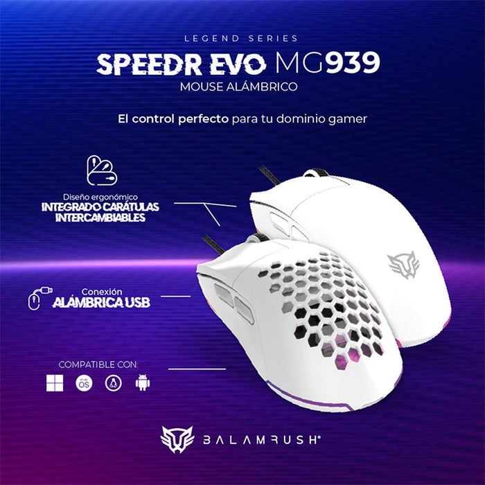 Mouse Gamer BALAM RUSH SPEEDER EVO MG939 12800dpi 6 botones Alambrico Blanco BR-936897