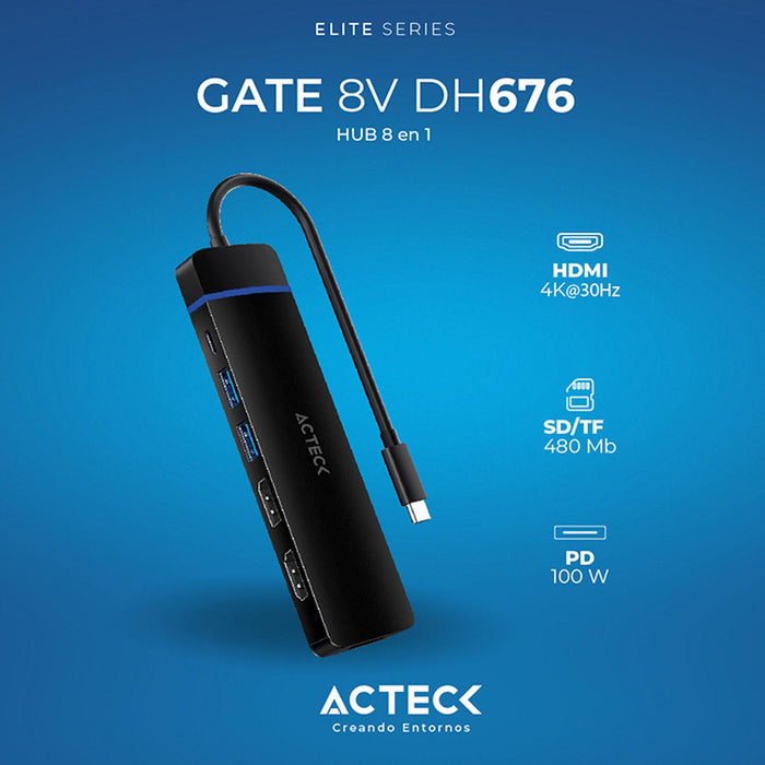 HUB ACTECK GATE 8V DH676 Multipuerto 8 en 1 USB-C HDMI DisplayPort Micro SD Negro AC-936477