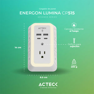 Cargador de Pared ACTECK ENERGON LUMINA CP515 7 Conectores + 2 USB + USB-C Blanco AC-936484