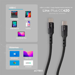 Cable ACTECK LINX PLUS CC420 USB C a USB C 1 Metro Negro AC-934855