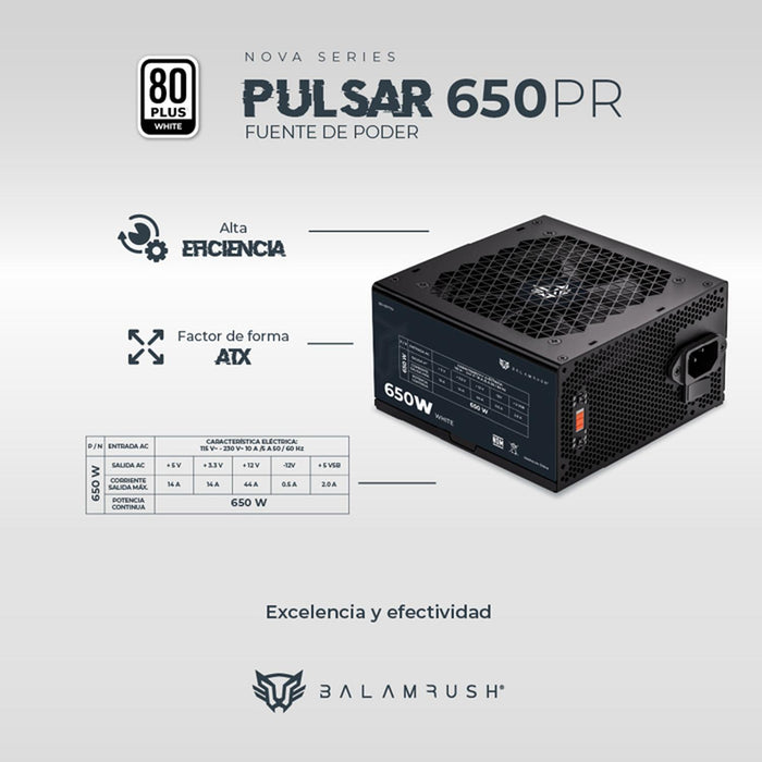 Fuente de Poder PC 650W Gamer BALAM RUSH PULSAR 650PR 80 Plus White No Modular Negro BR-937719