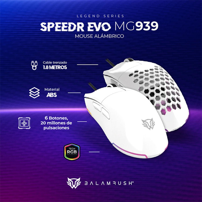 Mouse Gamer BALAM RUSH SPEEDER EVO MG939 12800dpi 6 botones Alambrico Blanco BR-936897