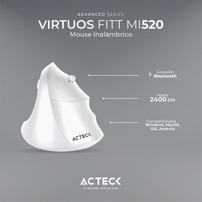 Mouse Ergonomico ACTECK VIRTUOS FITT MI520 2400dpi 6 Botones Inalambrico Blanco AC-936231