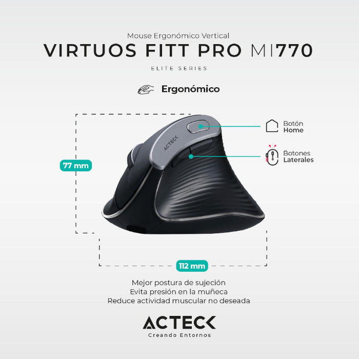 Mouse Ergonomico ACTECK VIRTUOS FITT PRO MI770 1600dpi Inalambrico 8 botones Negro AC-936200