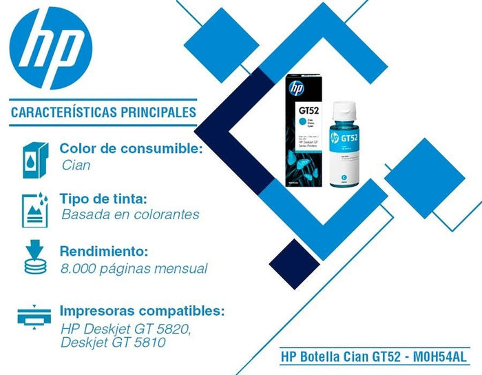 Botella de Tinta HP GT52 Ink Tank 100 300 400 Smart Tank 500 600 Cyan 70ml M0H54AL