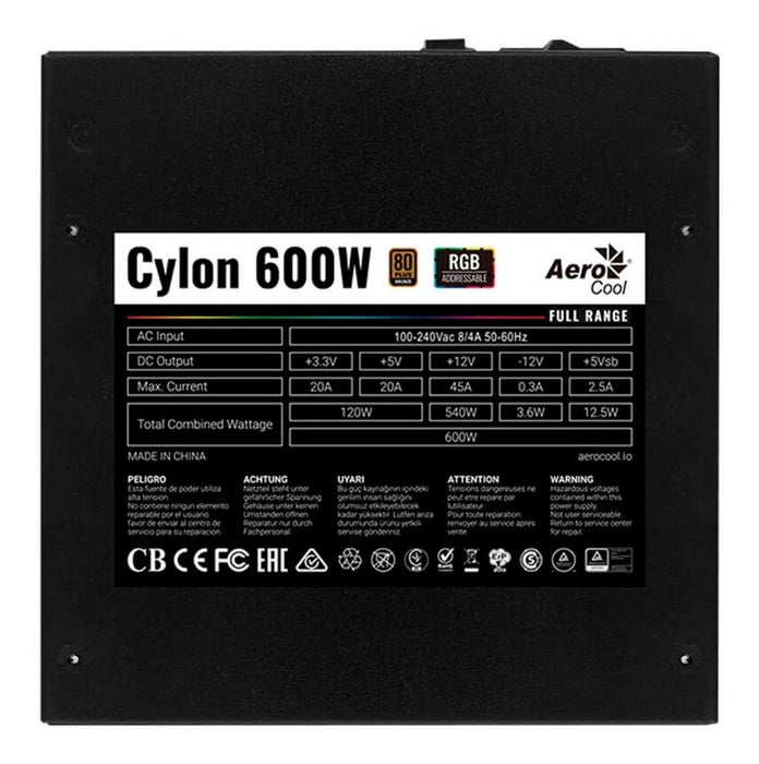 Fuente de poder Gamer AEROCOOL Cylon RGB 600W 80 Plus BRONZE