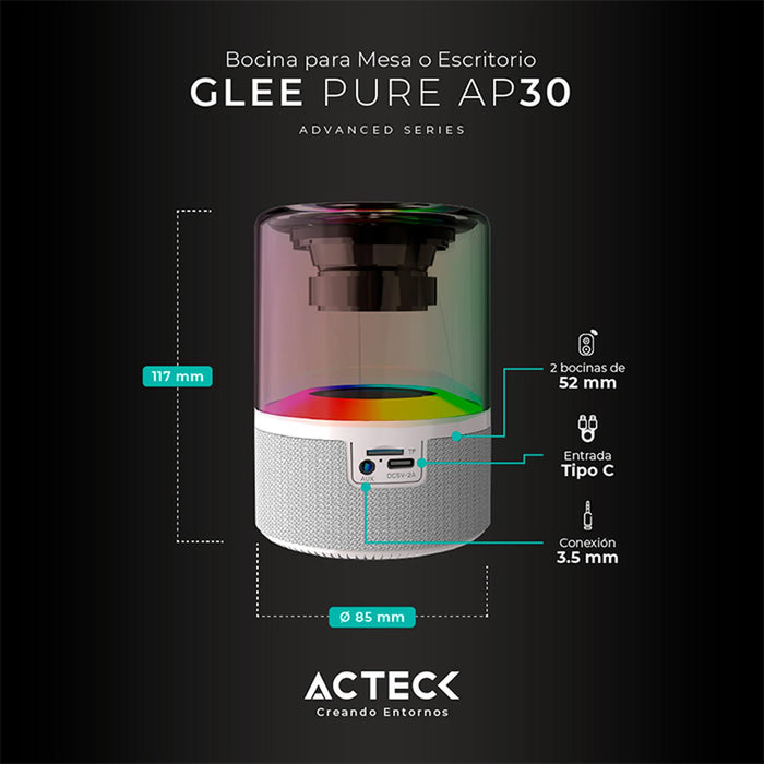 Bocina Portatil ACTECK GLEE PURE AP30 Inalambrica Luz LED Tws Blanco AC-936439