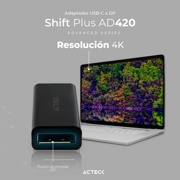 Adaptador Convertidor ACTECK SHIFT PLUS AD420 USB Tipo C a DisplayPort Negro AC-934718